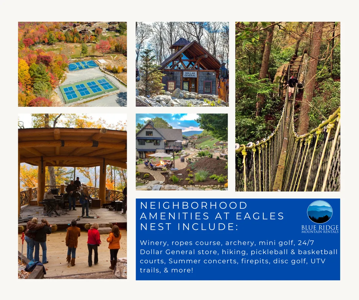 This exterior image captures a lively and inviting resort environment, showcasing outdoor activity areas, community gathering spaces, and natural scenery. Visible elements include recreational facilities such as pickleball courts, mini golf, spaces for live music performances, and communal fire pits, all surrounded by lush mountain landscapes. Groups of people are seen enjoying various activities, reinforcing the festive, communal mood.